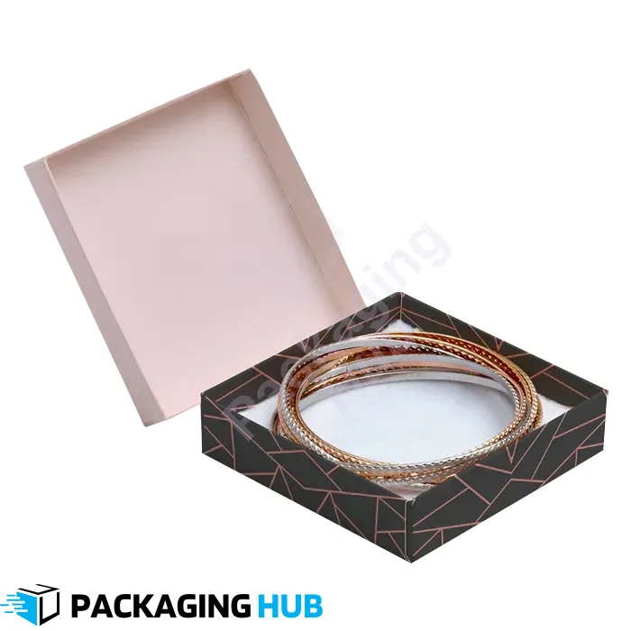 Custom bangle box with elegant front design for jewelry packaging.