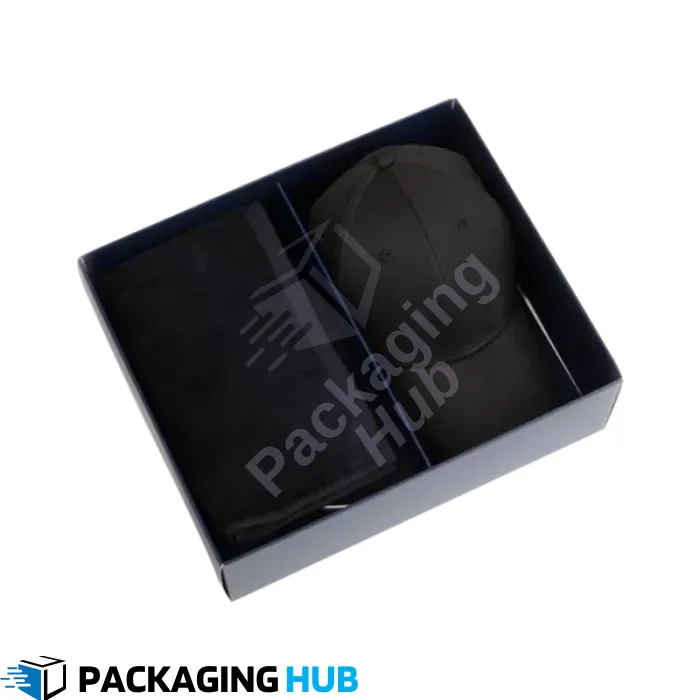 An open custom baseball cap box showcasing a cap inside with a stylish display window.