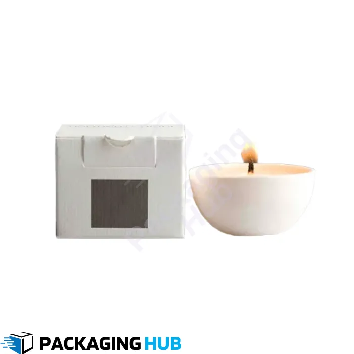 A custom candle box with a transparent window showcasing the candle inside.
