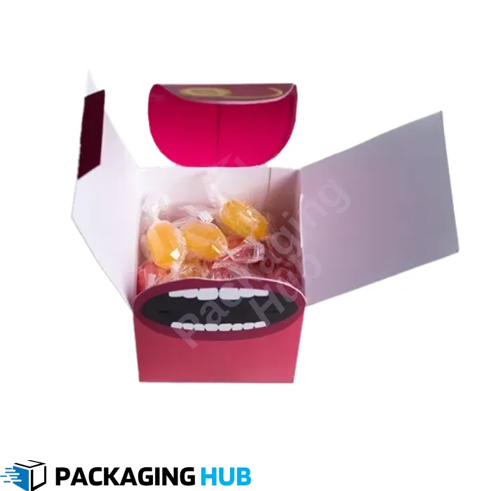 Colorful custom candy boxes designed for birthday parties, featuring fun designs and personalized messages for guests.