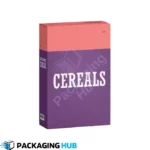 Branded custom cereal boxes with vibrant designs and logos, ideal for marketing and standing out in grocery stores or supermarkets.