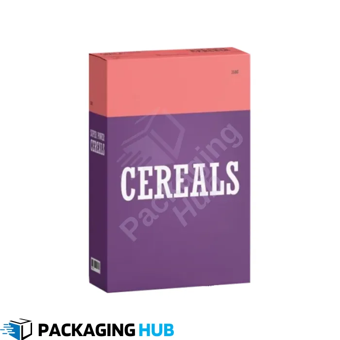 Branded custom cereal boxes with vibrant designs and logos, ideal for marketing and standing out in grocery stores or supermarkets.