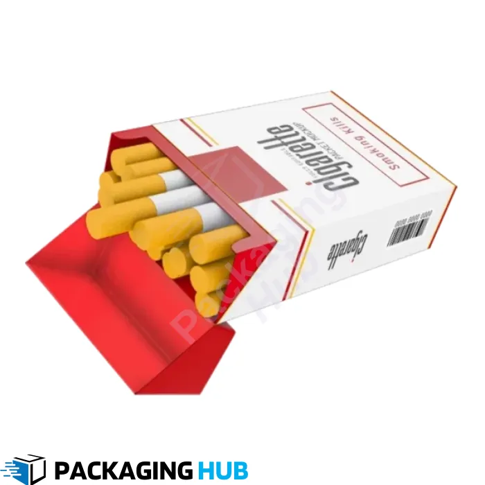 An open custom cigarette box featuring an elegant interior with neatly arranged cigarettes.