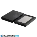 Open custom credit card box with multiple dividers for card storage.
