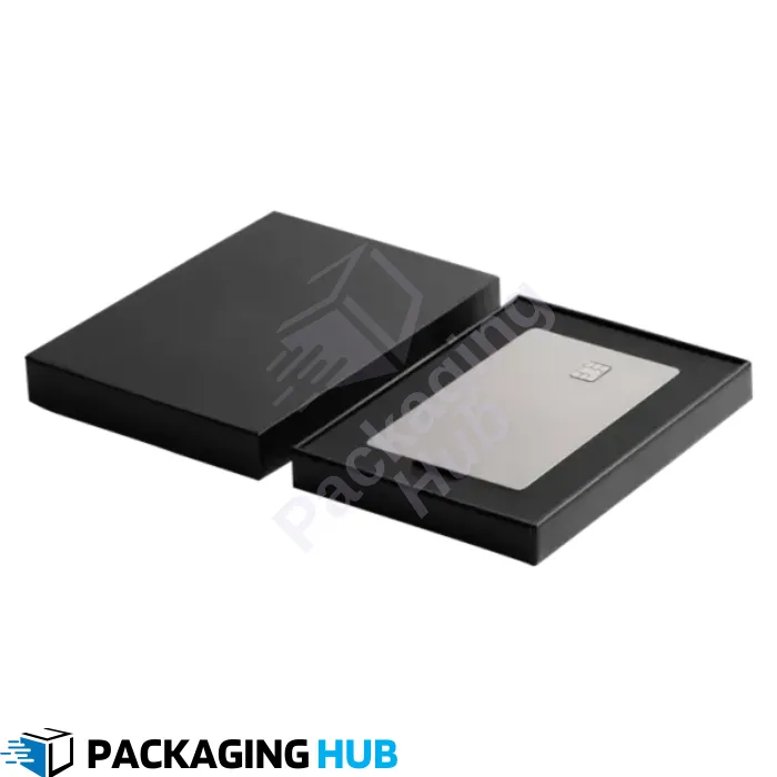 Open custom credit card box with multiple dividers for card storage.