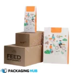 Custom dog food packaging boxes with brand logos, vibrant colors, and appealing designs for pet food brands.