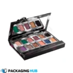Close-up view of custom eyeshadow box with logo branding for cosmetics packaging.