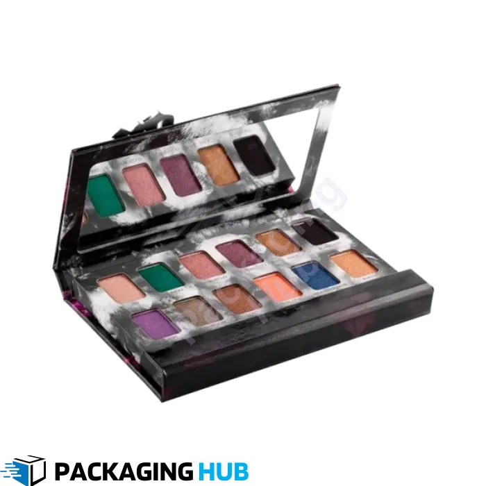 Close-up view of custom eyeshadow box with logo branding for cosmetics packaging.
