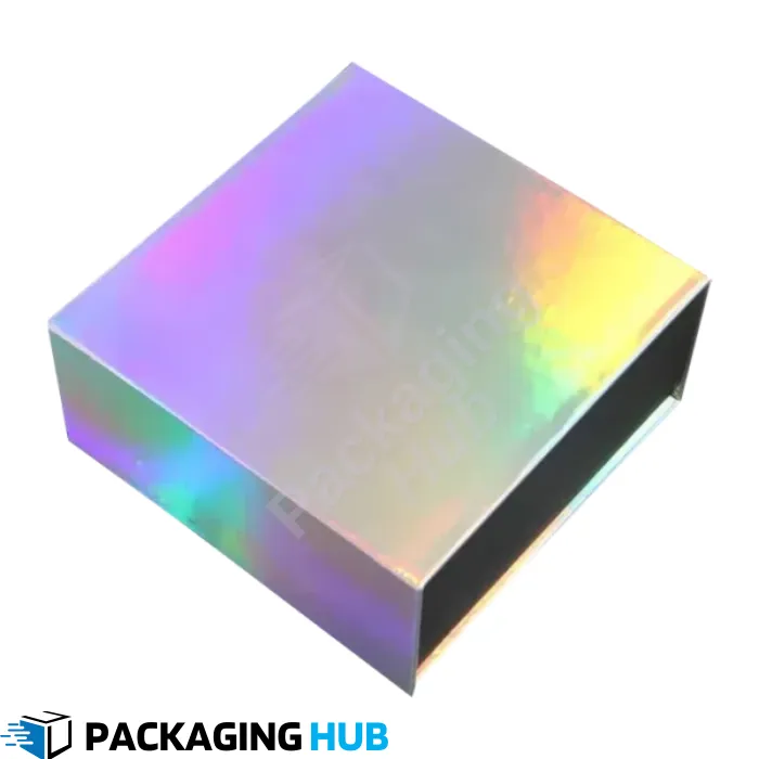 Custom holographic boxes for luxury products, offering a unique and eye-catching packaging solution with holographic finishes