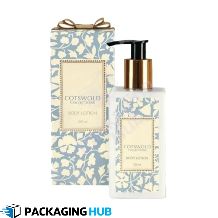Custom-designed lotion boxes with vibrant colors and secure packaging for skincare products.
