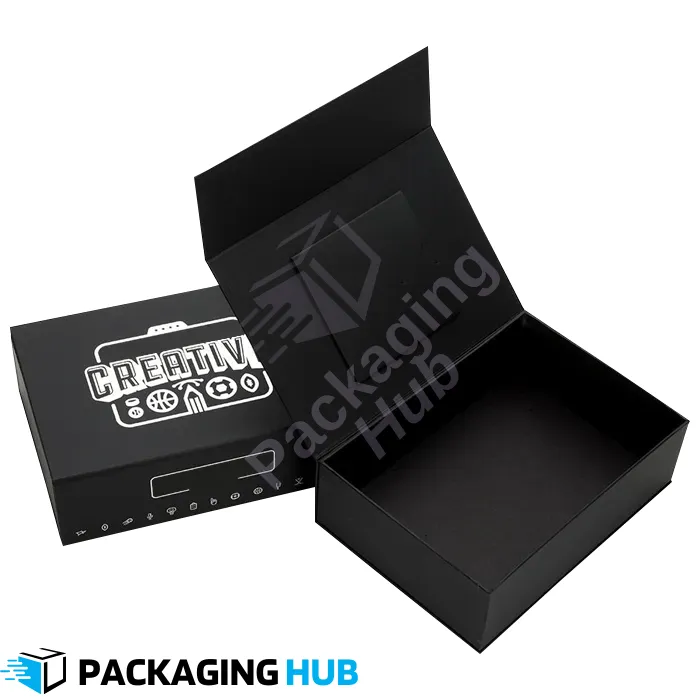 Custom magnetic closure box with logo branding, designed for businesses looking for personalized and professional packaging.