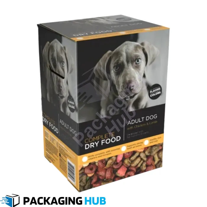 Custom pet food boxes designed for your brand. Add logos, designs, and messaging to create unique packaging for pet food and treats.