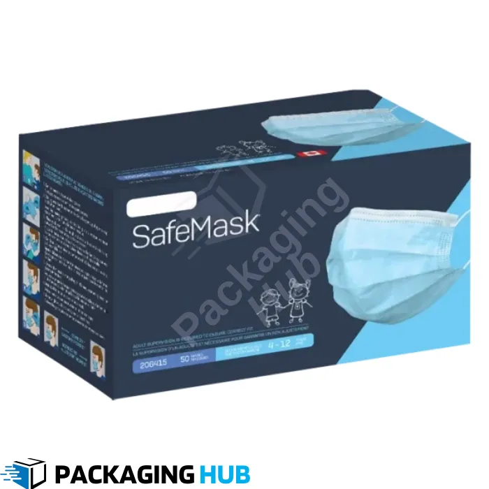 Custom printed face mask boxes featuring logo and branding for enhanced visibility.
