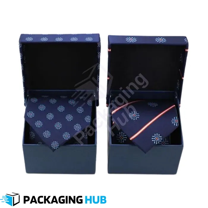 Custom tie box with luxurious interior, showcasing a necktie. Ideal for gifting on special occasions.