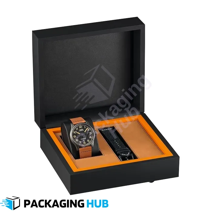 Custom watch box with a plush interior, showcasing a luxury watch.