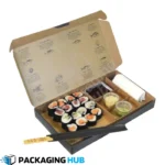 Custom sushi boxes designed for restaurants, catering, and sushi businesses with personalized logos and designs.