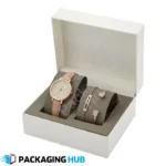 Stack of custom watch boxes available for bulk purchase by retailers.