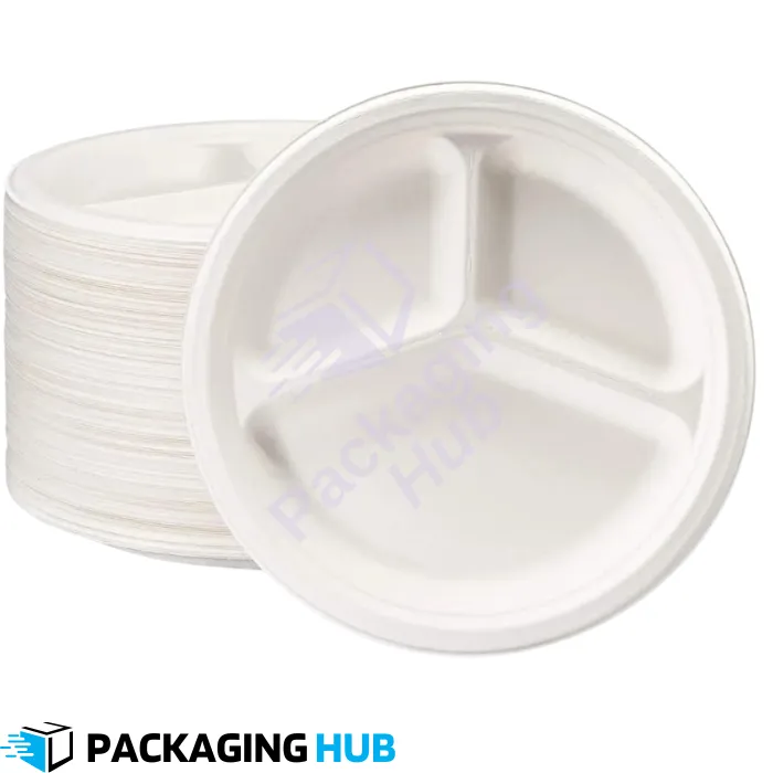 Eco-friendly 3-compartment disposable plate for parties and catering.