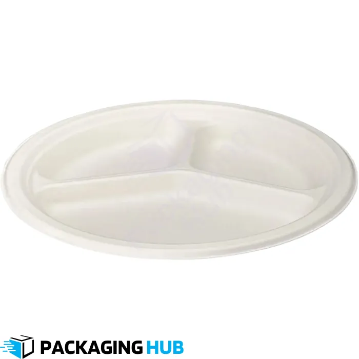 3-compartment disposable plates in use at a party, serving multiple foods.