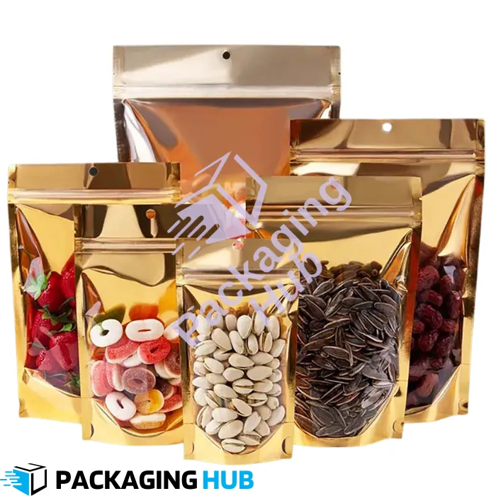 Front Clear Back Golden Standup Pouch