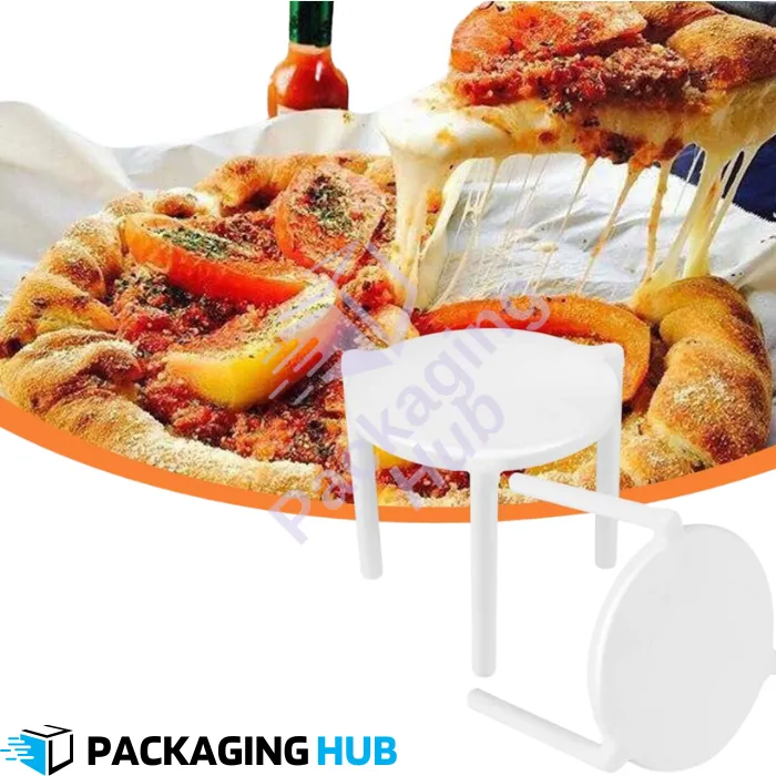 Pizza saver stand placed on fresh pizza to protect toppings
