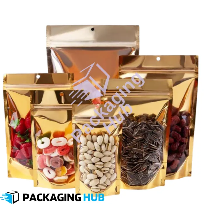 Front Clear Back Golden Standup Pouch