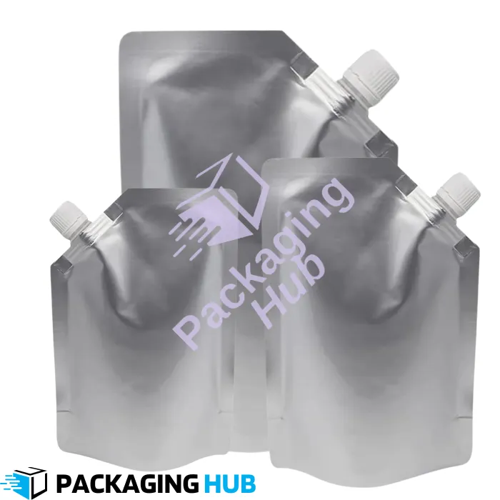 Silver metallic aluminum spout pouch for liquid product storage
