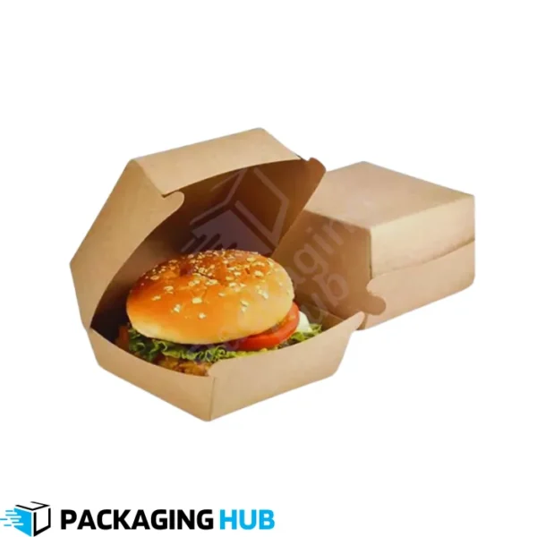Burger box with a delicious burger inside, showcasing the perfect fit for fast food packaging.