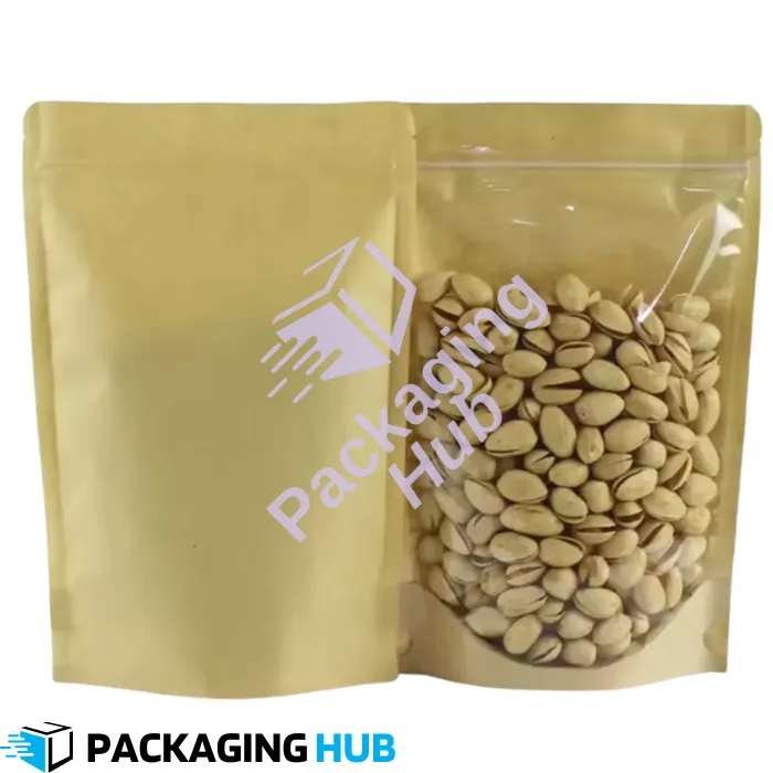 Standup pouch with clear front and kraft paper back for premium food packaging