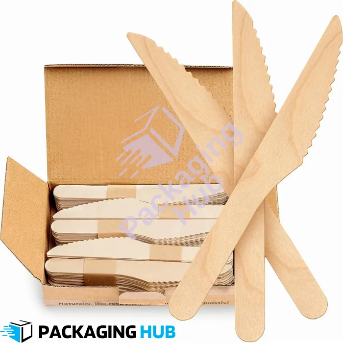 Pack of 100 disposable wooden knives, eco-friendly and perfect for parties, picnics, and events.