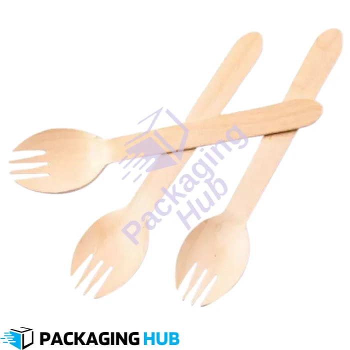Disposable wooden spork ideal for outdoor events, providing an eco-friendly utensil option.