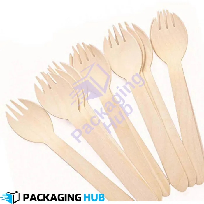 Disposable wooden spork perfect for takeout and catering, made from renewable materials.
