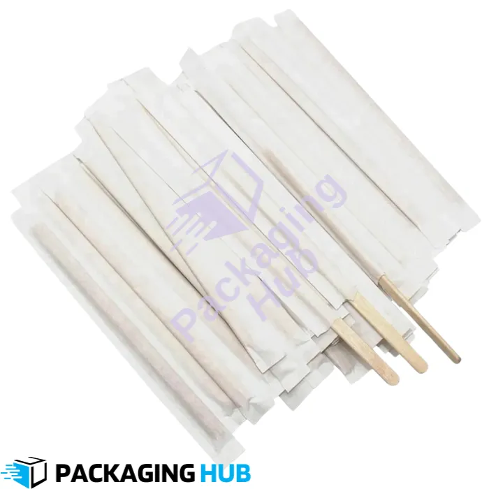 Eco-friendly wooden coffee stir sticks with packaging, perfect for environmentally conscious businesses.