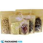 Side gusset view of stand-up pouch with kraft paper and transparent front