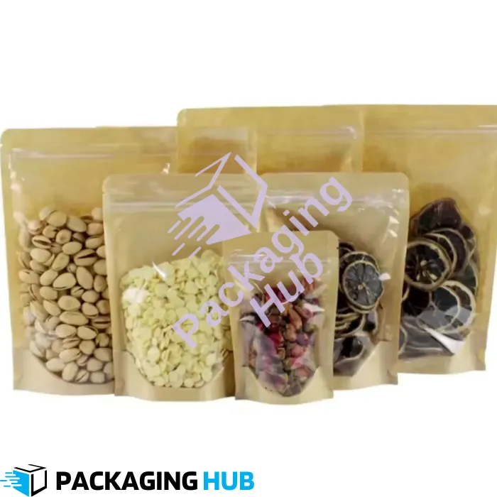 Side gusset view of stand-up pouch with kraft paper and transparent front