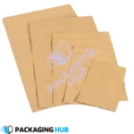 Open kraft pouch showing shiny aluminum foil interior for food safety