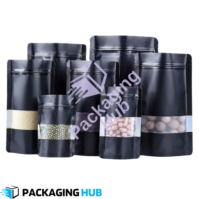 Open top black standup pouch with resealable zipper for dry food packaging