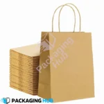 Set of Kraft Paper Bags with Twisted Rope Handles in Small, Medium, and Large sizes.