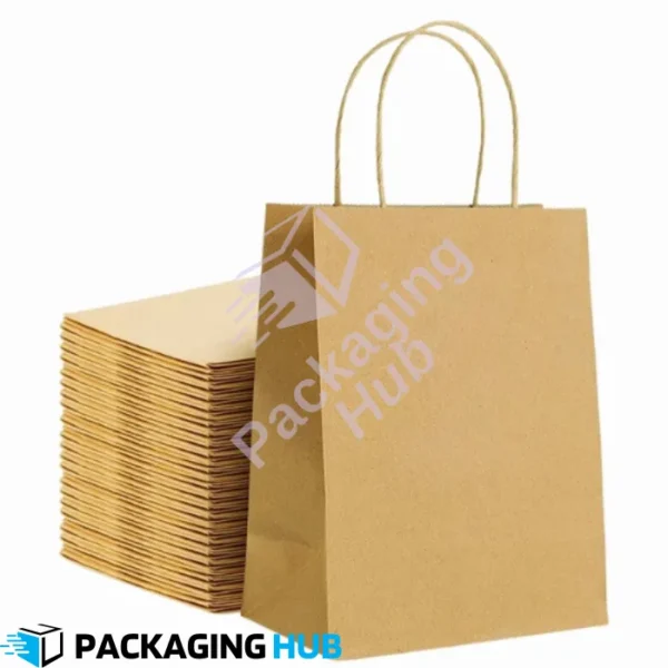 Set of Kraft Paper Bags with Twisted Rope Handles in Small, Medium, and Large sizes.